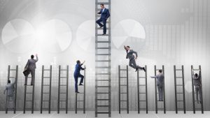 Corporate competitors climbing on a ladder.